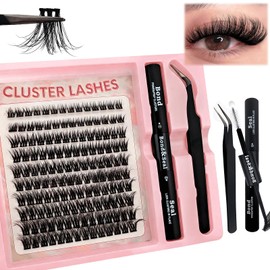 DIY Eyelash Extensions Set, Fluffy Volume Eyelashes, Individual False Eyelash Clusters with Eyelash Glue and Tweezers for Beginners, Reusable Eyelash Clusters (140P-14 Kit)