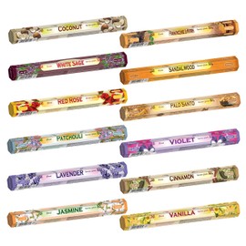Tulasi Incense Sticks Pack of 12 Natural Scent (240 Sticks) Variety Fragrance of Coconut, White Sage, Red Rose, Palo Santo Lavender & Cinnamon etc, Ideal for Meditation & Positive Vibes