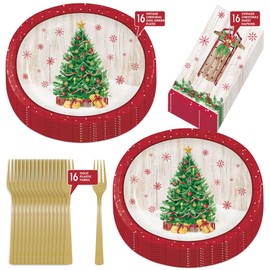 Vintage Christmas Party Supplies - Classic Christmas Tree Oval Paper Dinner Plates, Holiday Wooden Sled Guest Napkins, and Forks (Serves 16)