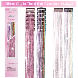 Ainani Hair Tinsel Clip in 12 Pcs Glitter Tinsel Hair Extensions 20 Inch Fairy Hair Clip in Hair Tinsel Heat Resistant Sparkly Hair Accessories for Girls Women Kids (Pink 6Pcs &Colorful 6Pcs)