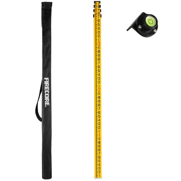 Firecore 13-Foot Aluminum Grade Rod, 8ths, 4 Sections Dual Sided Telescopic Rod with Bubble Level, Ideal for Leveling with Construction Laser & Optical Surveying Tools- FLR400C