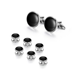 UJOY Cufflinks & Studs Set (1Pair Cufflinks & 3Pair Tuxedo Studs) Mens Jewelry Kit with G-ift Box - Black & Silver, Valentines G-ift for Him, Men in Black Accessories