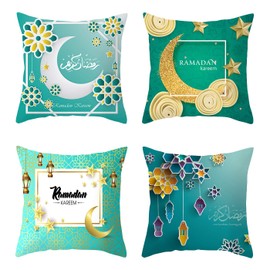 HHOCN 4 Pieces Green Moon Star Pillow Covers Square Green Moon Star Throw Pillow Cases Sofa Bed Couch Throw Cushion Cover Decoration (18" x 18")