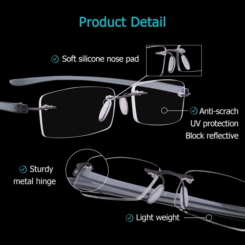 LUR Rimless Reading Glasses for Men Women 7 pack Small