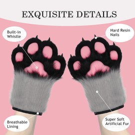 ZFKJERS Cosplay Animal Extended Fluffy Plastic Claws for Cats Fursuit Paw Gloves Adult Costume Accessory Set, gray