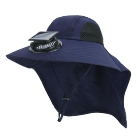 Hat with Fan Solar Power, Outdoor Wide Brim Sun Hat with Solar Fan, Adjustable Fishing Camping Cap with Shawl for Urban Commuting Beach Fishing Cycling Mountaineering Hiking Navy Blue