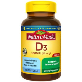 Nature Made Nature Made Vitamin D3 1000 IU (25 mcg), Dietary Supplement for Bone, Teeth, Muscle and Immune Health Support, 180 Softgels, 180 Day Supply