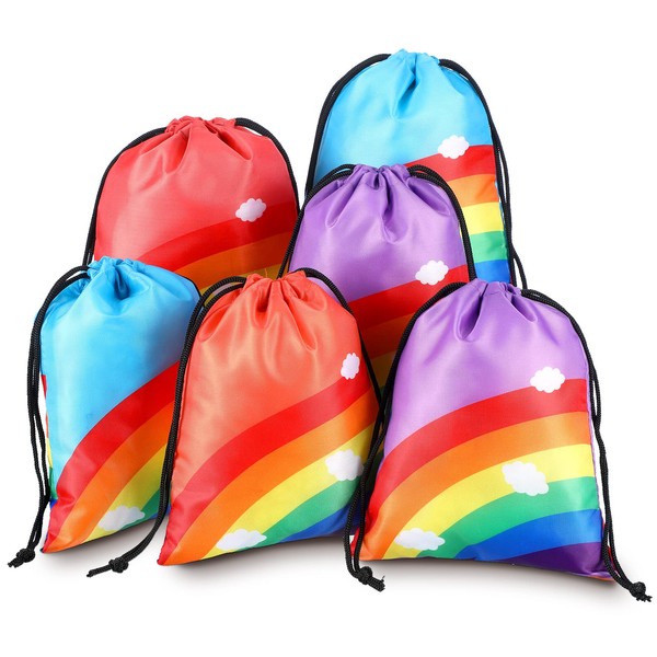 20 Packs Rainbow Party Favor Bags Mini Drawstring Treat Gift Pouches Polyester Boho Birthday Gift Bag Candy Goodie Rainbow Party Supplies for Kids Birthdays Baby Shower Decoration, 5.91 x 7.87 Inches