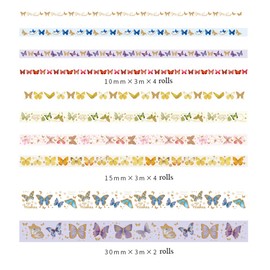 LGEGE 10 Rolls Aesthetic Washi Tape Set, 30/15/10 mm Wide, Butterfly Show, Gold Blocking Japanese Masking Tape, Decor for Scrapbooking, DIY Crafts, Bullet Journal, Planner, Stationery (3 m)