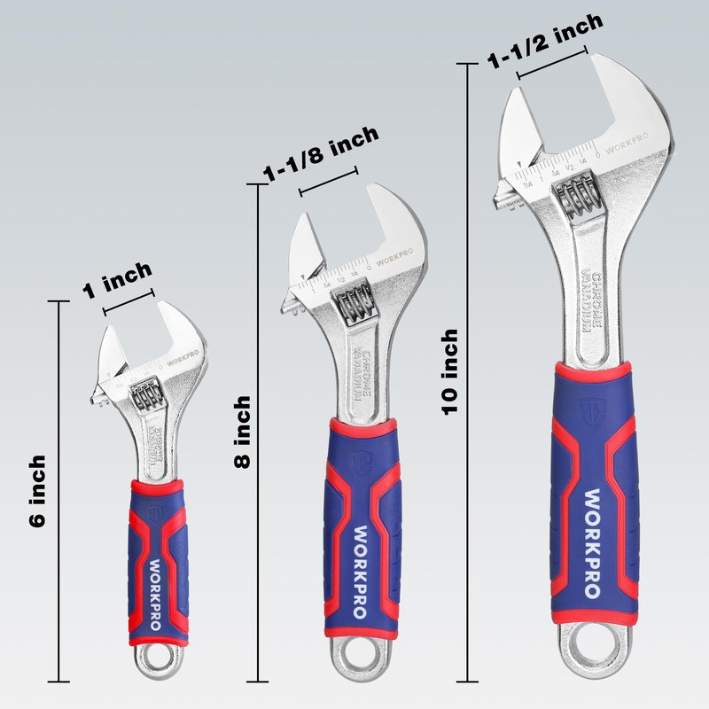 WORKPRO 3-piece Adjustable Wrench Set, Cr-V Wide Jaw Wrench With