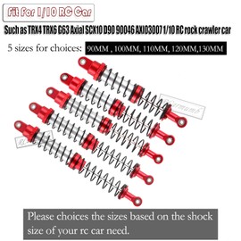Rcarmumb 130mm Universal Shock Absorber Upgrades Part for 1/10 RC Scale Cars,Aluminum Alloy 7075 RC Adjustable Shocks Damper Universal Hops Up,4PCS,Red