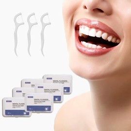 Thrinian 300 PCS Unwaxed Dental Floss Picks w/Travel Carry Case, Plastic Deep Clean Flosser for Your Daily Oral Care, Unflavored Durable Flossing with Toothpick (50 Count/Box, Pack of 6)