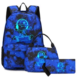 Pawsky School Backpack for Boys, Skateboard Anime Luminous with USB Charging Port, Anti Theft Lock, Lunch Bag & Pencil Case, College Bookbag Lightweight Laptop Bag for Teen Boys and Girls, Blue