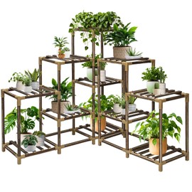 twocorn Plant Stand Indoor Outdoor, 11 Tier Corner Plant Shelf for Multiple Plants, Large Wood Plant Shelf Combo Ideal for Gardens, Patios, and Lawns
