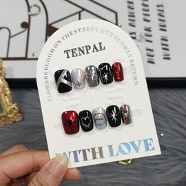 TENPAL Gothic Press On Nails With Tools,Y2K Spider Web Embossed Short Square Glossy Chrome Glue on Nails,Dark Sweet Cool Acrylic Fake Nails,Silver White Red Metal Artificial False Nails 10Pcs(XS)