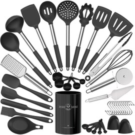 Risom - Utensilios de cocina de silicona, 32-Piezas Juego de Utensilios de Silicon Flexible con Mango de Acero inoxidable, Cuchara Espátula Grande