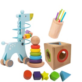 Wimzydo 4-in-1 Wooden Montessori Toys for Toddlers 1-3 – Educational Baby Activities with Stacking Tower, Shape Sorting Cubes, Color Sorters, Interactive Giraffe – Learning Toys for Boys and Girls