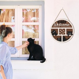 IARTTOP 3D Funny Black Cat Welcome Door Sign,Cats Welcome People Tolerated Kitty Footprint Wood Hanging Plaque,10”x10” Black Cat Themed Wreath Wall Decor for Home Pet Shop,Cat Lover Gifts For Women