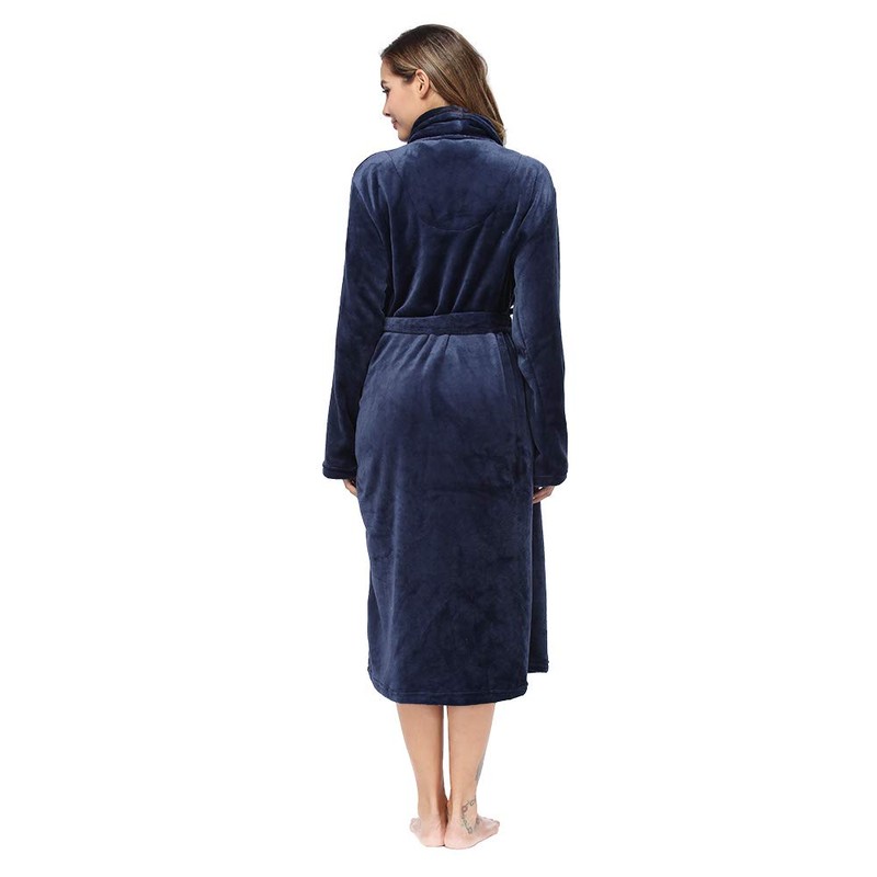 RONGTAI Womens Bathrobe Ladies Fleece Plush Warm Long Robes （Small，Navy