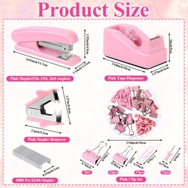 ULELE 12 in 1 Pink Office Supplies Set Stapler and Tape Dispenser Desk Accessories with Staple Remover Tab Thumbtacks Binder Paper Clips Ruler Scissors Tape Pen for Women Student School Home Home Desk