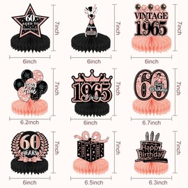 60th Birthday Table Decorations 9pcs Rose Gold Birthday Honeycomb Table Centerpieces Cheers to Honeycomb Table Topper for Men Women Party Decoration Supplies (60th)