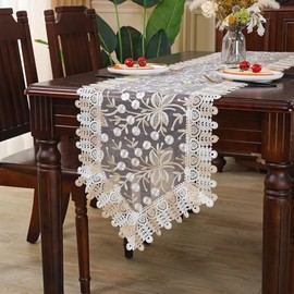 Camino de mesa de encaje con bordado floral de tela rústica elegante y elegante, cubierta transparente para el hogar, comedor, decoración de mesa, boda, fiesta, cambiador (champaña y blanco, 16 x 70