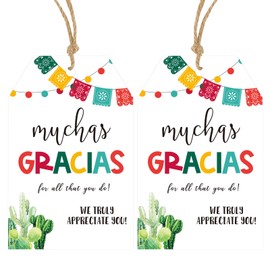 Anwyll Fiesta Gift Tags - 50Pcs Fiesta Thank You Gift Tags with String Muchas Gracias Tag Mexican Theme Muchas Gracias for All that You Do Tag for Cinco de Mayo Party Favors (Cactus)