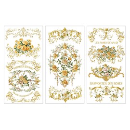 PLIGREAT 3 Sheets Gold Pattern Rub on Transfer for Crafts Vintage Rose Rub on Transfer Decals Gorgeous Furniture Stickers for DIY Wood Drawer Cabinet Table Decoration Old Furniture Renovation Decor