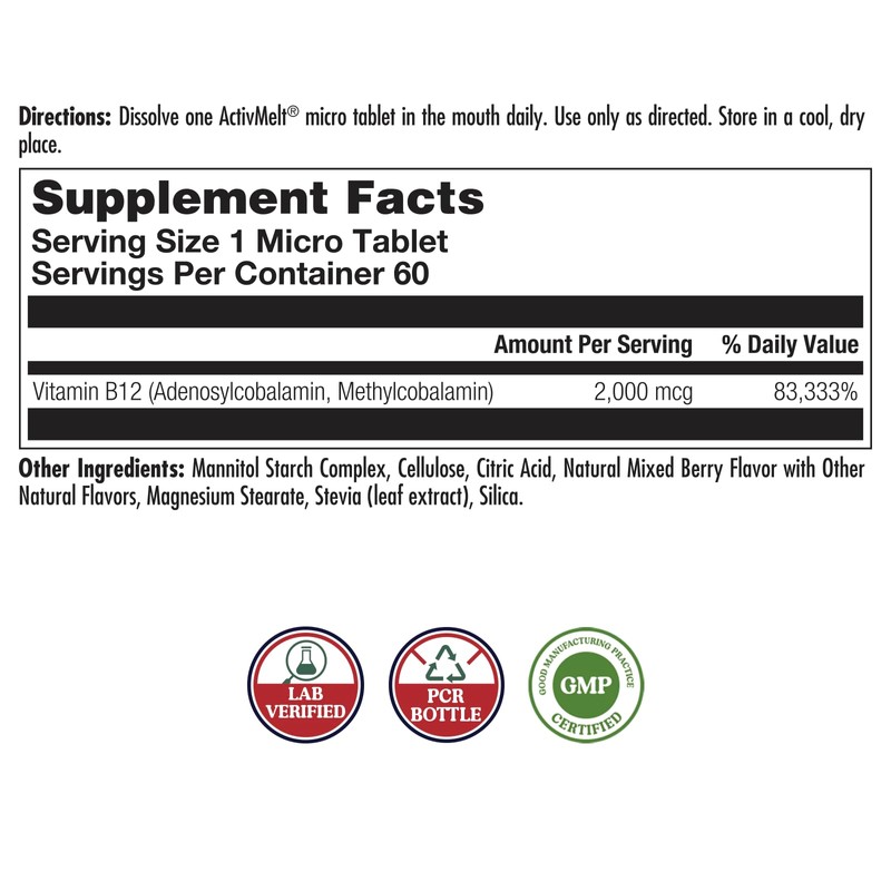 KAL Vitamin B12 Methylcobalamin and Adenosylcobalamin 2000 mcg ActivMelt, B12