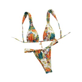 SHENHE - Conjunto de bikini triangular floral de dos piezas de corte alto con lazo en la espalda, Naranja, Large