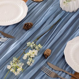 LINXTAR Dusty Blue Valentine's Day Table Runner Cheesecloth Table Runner 10ft Rustic Spring Table Runner 35 x 122 Inches Boho Decoration for Home Wedding Baby Shower Birthday Party
