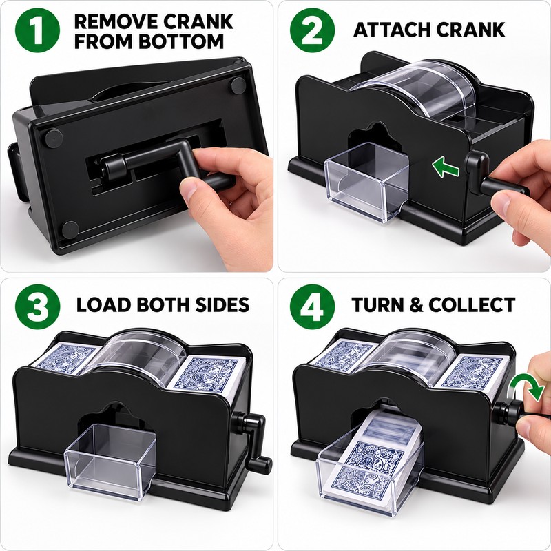 Manual 2-Deck Card Shuffler with Hand Crank, Black Playing Card