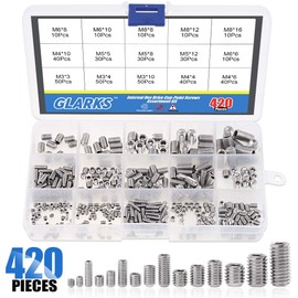 Glarks 420Pcs M3/M4/M5/M6/M8 Allen Head Socket Set Screw, 304 Stainless Steel Internal Hex Drive Grub Screw Assortment Kit