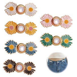 6 Pairs Daisy Waist Buttons for Tighten Pants, Jeans Tighten Clips, Adjustable Pant Waist Buttons, Waist Clips Adjuster Reusable for Loose Jeans Skirts Sleeves Sweaters Accessories