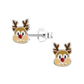 Reindeer Christmas Earrings with Red Crystal Stones - 925 Sterling Silver