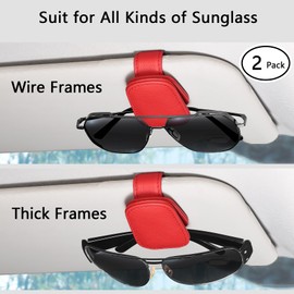 quipuda 2 Packs Sunglasses Holder for Car Sun Visor Accessories, Magnetic Geniune Leather Car Sunglass Holder, Glasses Clip for Automotive Eyeglass Hanger, Ticket Card Clip (Red)