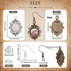 SUNNYCLUE 1 Box 120Pcs DIY 20 Pairs Cabochon Earring Blanks Vintage Antique Bronze Silver Earrings Making Kit 12mm Glass Cabochon Earring Bezel Trays Setting Earring Hooks for Jewelry Making Kits