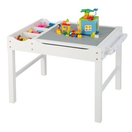 Costzon Kids Table, 3 in 1 Wood Building Block Desk w/Storage, Paper Roll, Reversible Tabletop for Toddler Arts, Crafts, Drawing, Reading, Playing, Gift for Boys Girls, Activity Table (White)