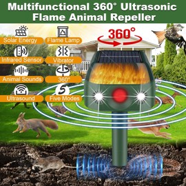 JNKNT Ultrasonic Animal Repeller,360° Solar Pest Animal Repellent,Cat Repellent Outdoor with Motion Sensor & Flame Light,Waterproof Squirrels Repellent for Repelling Deer,Rabbit,Raccoon,Dog,Squirrels