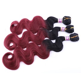 Ombre Body Wave Upgrade Synthetic Hair Extensions Wine Red Black to Burgundy 16 18 20 Inches 3 Bundles Fiber Weave (T1/99J#)