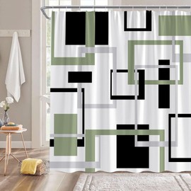 ZKJSMGS Geometric Shower Curtain Sage Green Gray Black White Geometry Modern Striped Square Abstract Simple Geo Aesthetics Bathroom Home Curtain Decor with Hooks,70" Wx70 H