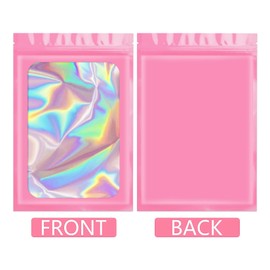 100 pcs Pink Holographic Packaging Bags, Clear Resealable Odor Proof Bags Foil Pouch Bags for Food Storage and Lipgloss,Jewelry,Eyelash Packaging for Small Business(4x6Inch)