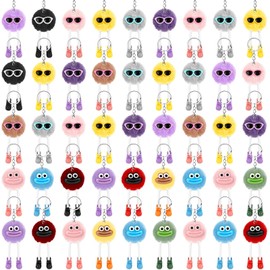 Equsion 48 Pcs Pom Poms Keychains Fluffy Faux Rabbit Fur Pompoms Keyring Soft Artificial Plush Ball Pendant Accessories Keychain for Women Birthday Party Favors(Cute)