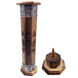 Incense Burner Wooden Tower Carved in India with Brass Decorations Exclusive and Unique Design 30 x 8 x 8 cm Weight 280 g Wooden Incense Holder