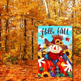 Fall Scarecrow double sided garden flag 12X18, hello fall sunflower small flag, lawn farmhouse yard décor