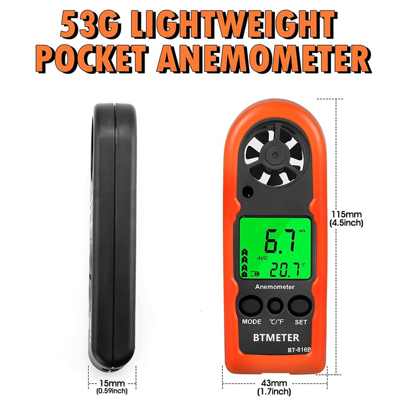 BTMETER BT-816B Handheld Anemometer, Compact Digital Wind Speed Meter Gauge