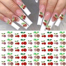 60 Pieces of 3D Cherry Nail Charms Jewelry Cherry Nail Rhinestone Nail Art Shiny gem Nail Nail Cute Fruit Nail Diamond Crystal Luxury Jewelry Nail Makeup Lady Crafts DIY (Pink/red Gold,)