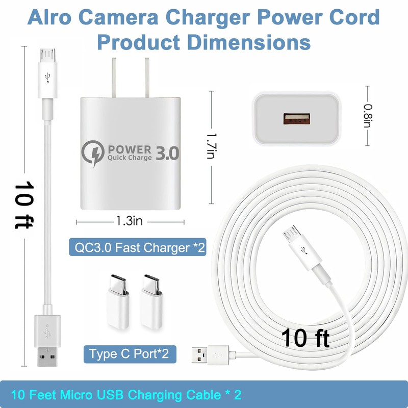 2 Pcs 10ft QC3.0 Fast Charger for Arlo Pro/Pro2 Camera,