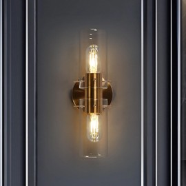 GEPOW Sconces Wall Lighting, Modern Gold Wall Sconces Indoor with Clear Glass Shade, 2-Light Plating Brass Bedroom Bathroom Wall Sconce Light Fixtures for Living Room, Kitchen, Hallway