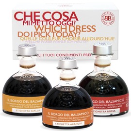 Il Borgo Del Balsamico, Aged Balsamic Vinegar Gift Set – Includes 3 Aged Italian Condiments (Yellow, Orange, Red Labels) – 3 x 3.38 fl oz (100 ml) – Tasting Satchel – Gourmet Food Gift, Product of Italy